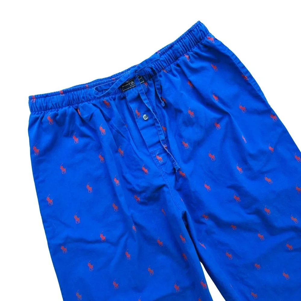 Ralph Lauren Pajama Pants Men's Medium Bright Blue w/ Red Pony‎ Print Drawstring